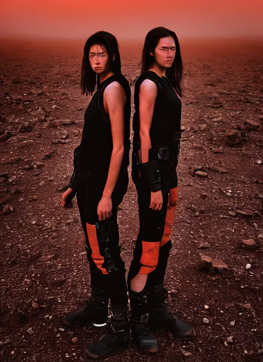 Image similar to cinestill 5 0 d photographic portrait of two loving female androids wearing rugged black techwear on a desolate plain with a red sky in front of a brutalist structure by steve mccurry, extreme closeup, cyberpunk style, dust storm, 8 k, hd, high resolution, 3 5 mm, f / 3 2, ultra realistic faces, ex machina