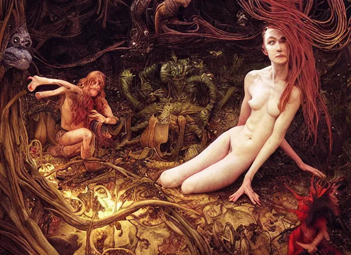 Image similar to jim henson's labyrinth. land of yore. the fairies in the bog of eternal stench flicker with pale fire like willo'- the - wisps. edgar maxence and caravaggio and michael whelan and delacroix style, artistic, intricate painting, cinematic lighting, hyper realistic, extremely detailed, vivid colors, establishing shot, dramatic lighting