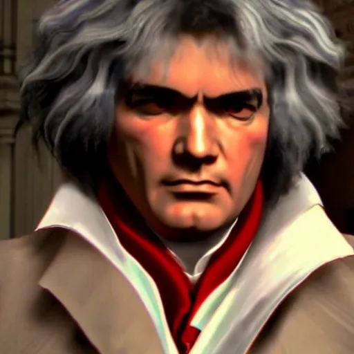 Image similar to Beethoven as a character in Devil May Cry, film still, photorealistic, full shot