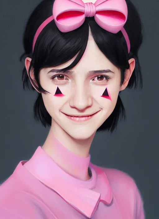 Image similar to portrait of high school girl, realistic, black hair, bangs, half updo hairstyle, pointy nose, skinny, smile, ugly, defined jawline, big chin, pink hair bow, earrings, intricate, elegant, glowing lights, highly detailed, digital painting, artstation, sharp focus, illustration, art by wlop, mars ravelo and greg rutkowski