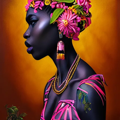 Prompt: dynamic composition, a painting of an african woman with hair of ( neon summer flowers )!! and vines wearing ornate earrings, ornate gilded details, a surrealist painting by tom bagshaw and jacek yerga and tamara de lempicka and jesse king, featured on cgsociety, pop surrealism, surrealist, dramatic lighting, voodoo!!, pre - raphaelite