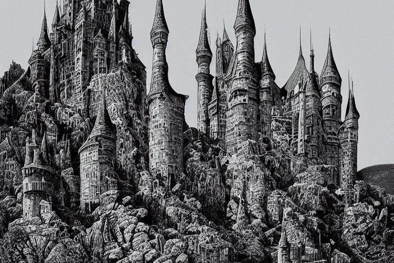 Image similar to draculas castle upon a thin spire by dan hillier by moebius