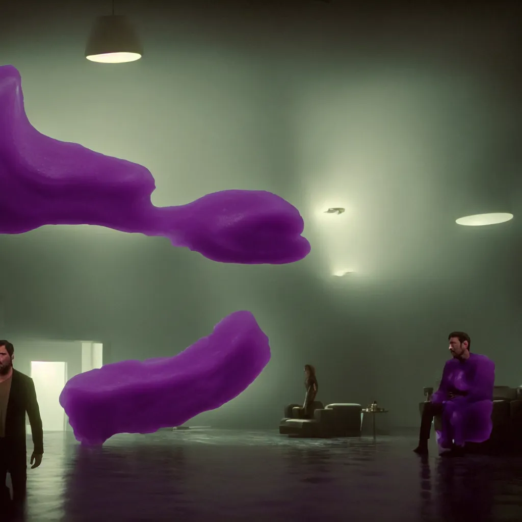 Image similar to cinestill of a giant form made of purple wax float through the living room film still from the movie directed by denis villeneuve with art direction, pouring rain menacing lights shadows, 8 k, hd, high resolution, 3 5 mm, f / 3 2, ultra realistic faces, lost highway