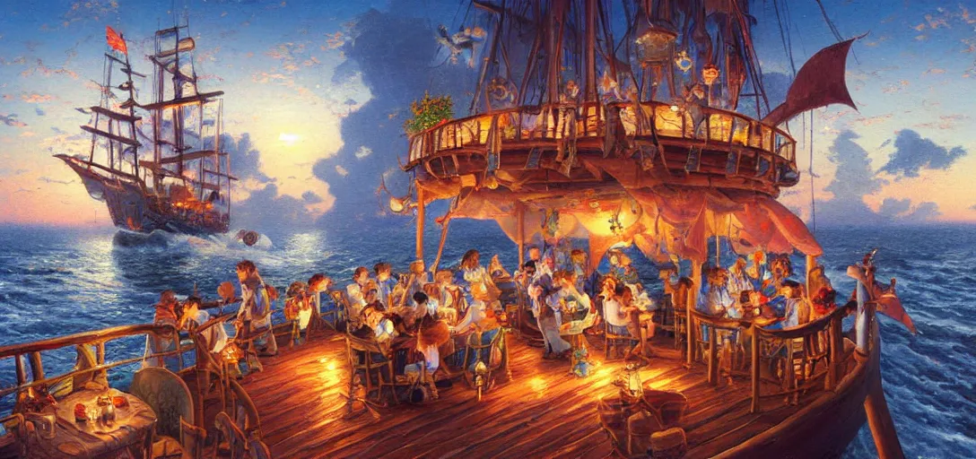 Prompt: a painting of pirates eating dinner on the deck of their ship by thomas kinkade in the style of studio ghibli,