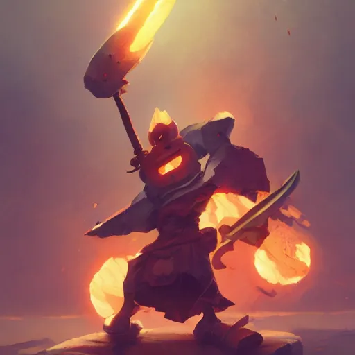 Image similar to battle toast, a slice of toasted bread with a face, arms and legs, holding a sword and shield, volumetric lighting, dynamic composition, fantasy, hyper detailed, ultra realistic, sharp focus, octane render, concept art by sachin teng and sergey kolesov and ruan jia and heng z