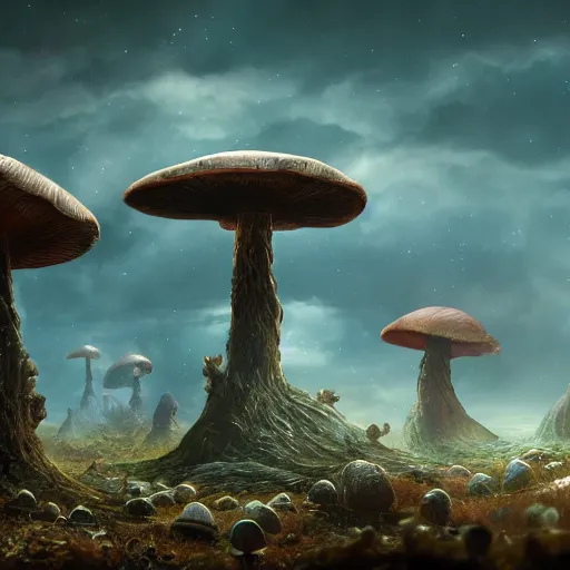 Prompt: scientists take their first steps on a strange alien planet full of mushrooms and other complex fungi, 8 k resolution matte painting trending on artstation