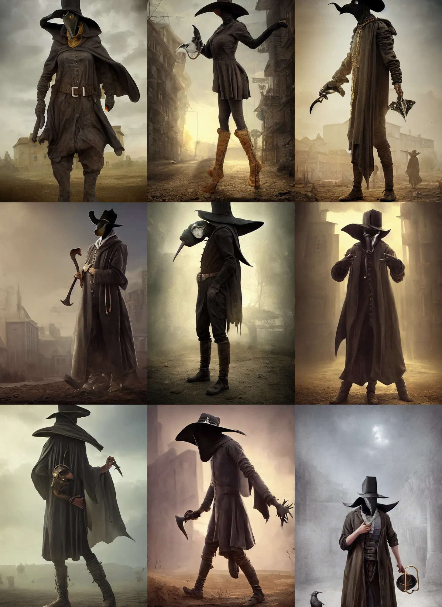 Prompt: detailed full body concept beautiful matte painting of a beautiful plague doctor cowgirl dystopian background vfxfriday, vivid, hyper realistic, wide angle, detailed, masterpiece, 8 k resolution, insanely detailed and intricate, octane render, golden ratio, vfx, postprocessing, alluring