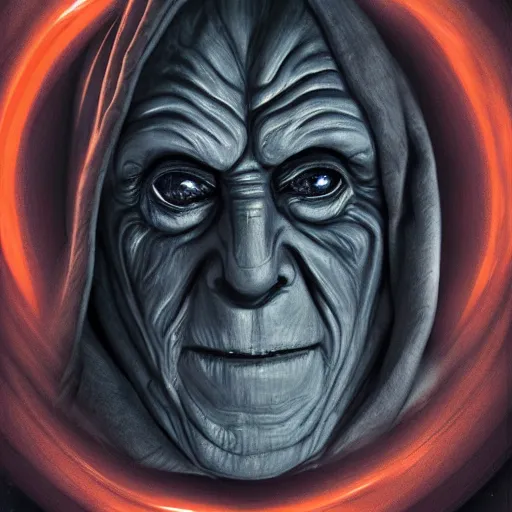 Image similar to portrait of Emperor Palpatine, Orange eyes, circles under the eyes, laughing, photorealism, 4k, super detail, Star Wars movie Style