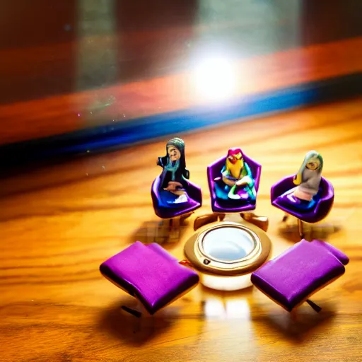 Prompt: vampire themed polly pocket toy set, sat on a wooden study desk in front of a glass window with light beaming over it like a spot light, god rays, dust particles, photorealistic, aesthetic shot, worms eye view, macro camera lens, high definition, thematic, cinematic, lens flare