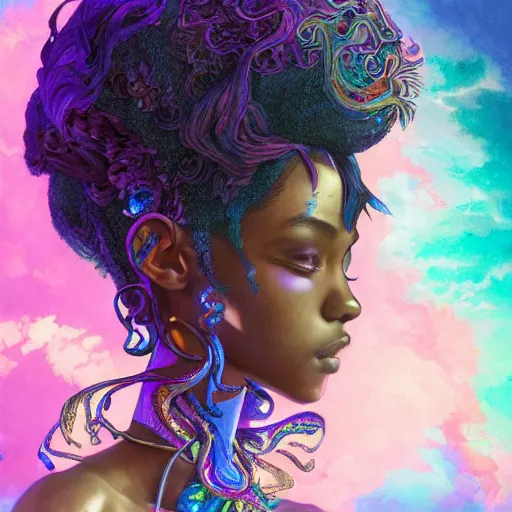 Prompt: the portrait of an absurdly beautiful, graceful, elegant, gorgeous, sensual black young anime goddess made of rainbow crystals, an ultrafine hyperdetailed illustration by kim jung gi, irakli nadar, intricate linework, bright colors, octopath traveler, final fantasy, unreal engine 5 highly rendered, global illumination, ultra radiant light, intricate environment