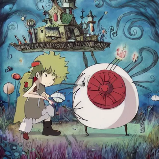 Image similar to tim burton vs studio ghibli fight in an art off