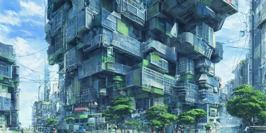 Prompt: neo brutralism, futuristic architectural art of Tokyo in 2049, colorful, hyperrealistic, octane render, 8k, realistic depth, 3D feeling, sunlight, shadows, reflections, romanticism, wallpaper, dark blue and green tones, in the style of Akihiko Yoshida