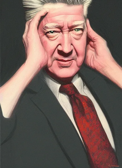 Image similar to portrait of David Lynch, highly detailed, centered, solid color background, digital painting, artstation, concept art, smooth, sharp focus, vintage grainy 1970s illustration, Basil Gogos, donato giancola, Joseph Christian Leyendecker, Les Edwards, Ed Repka, Wayne Barlowe,