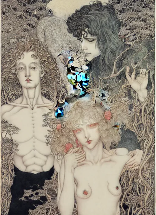 Image similar to boy, girl and a goat, by austin osman spare and Takato Yamamoto and Vania Zouravliov, high resolution