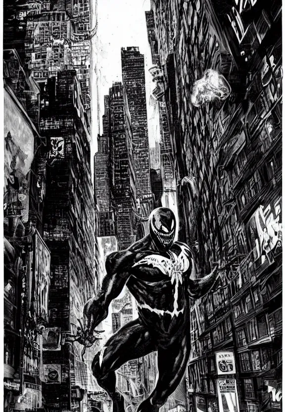 Image similar to venom in a new york alley at night by lee bermejo and simon bisley