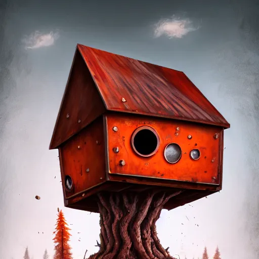 Image similar to a walking wood and metal house with two legs and one big eye, rust, hyperrealistic, highly detailed, cinematic, single ray of sun, morning, pareidolia, gravity falls style, red and orange dominance, beautiful, cgssociety, artstation, 8 k, oil painting, digital art