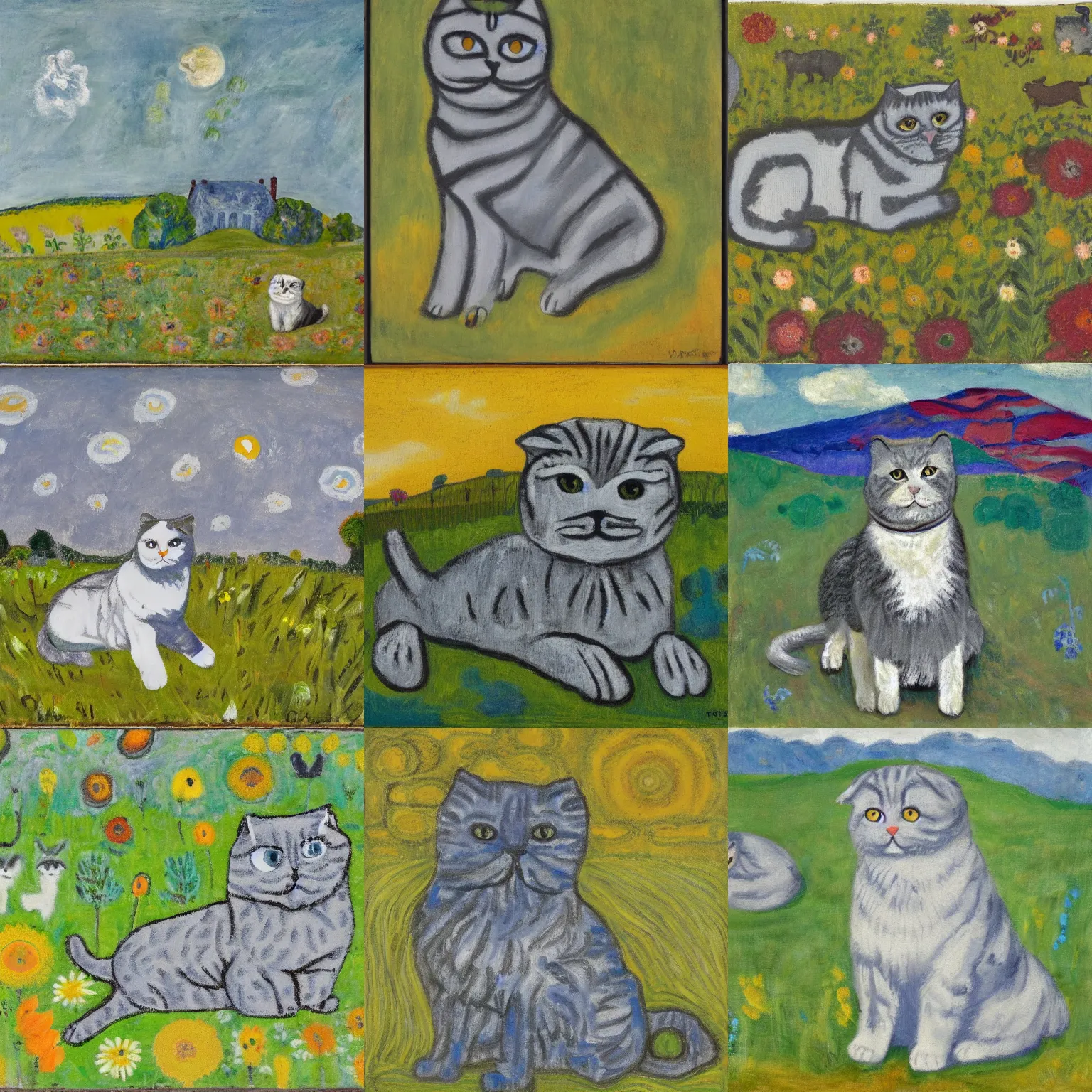 Prompt: a gray scottish fold sitting in the middle of sunny meadow, by beauford delaney