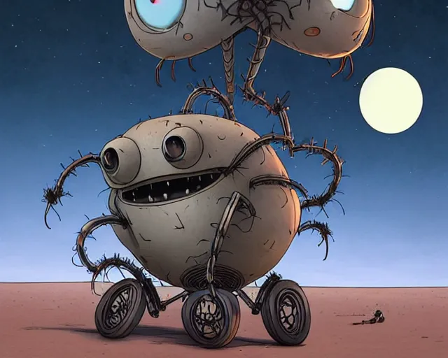 Image similar to a cell shaded cartoon grey lovecraftian mechanized fat spider from howl's moving castle ( 2 0 0 4 ), with a big head, on a desert road, wide shot, in front of a big moon, muted colors, post grunge, josan gonzales, wlop, by james jean, victor ngai, hq, deviantart, art by artgem