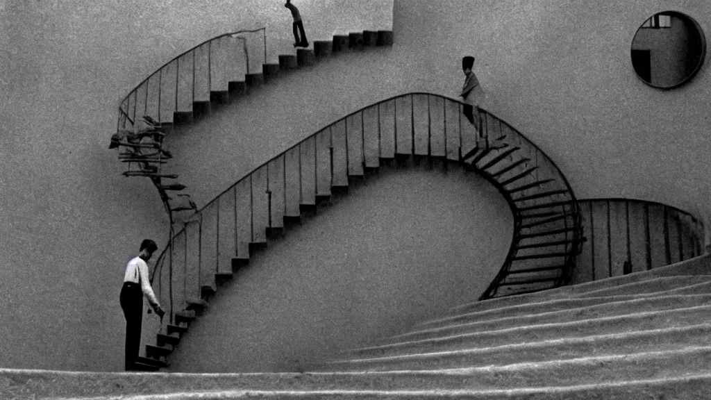 Prompt: a man building a winding staircase as he walks up it, film still from the movie directed by wes anderson with art direction by zdzisław beksinski and m. c. escher, wide lens