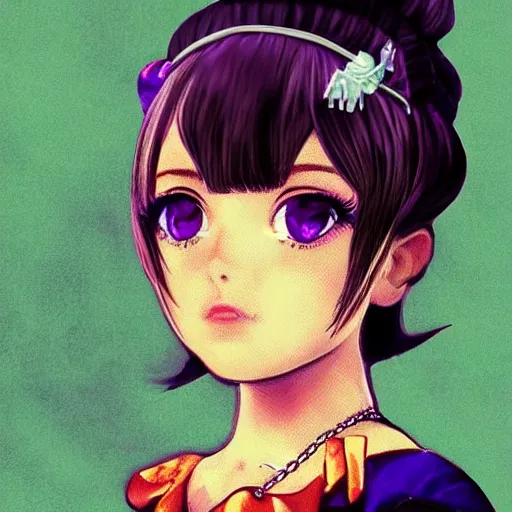 Image similar to beautiful little girl, profile picture, vintage fashion, highly detailed, reflection, 8 k, realistic artwork, hd, inspired by jojo bizarre adventure, 9 0 s anime art style