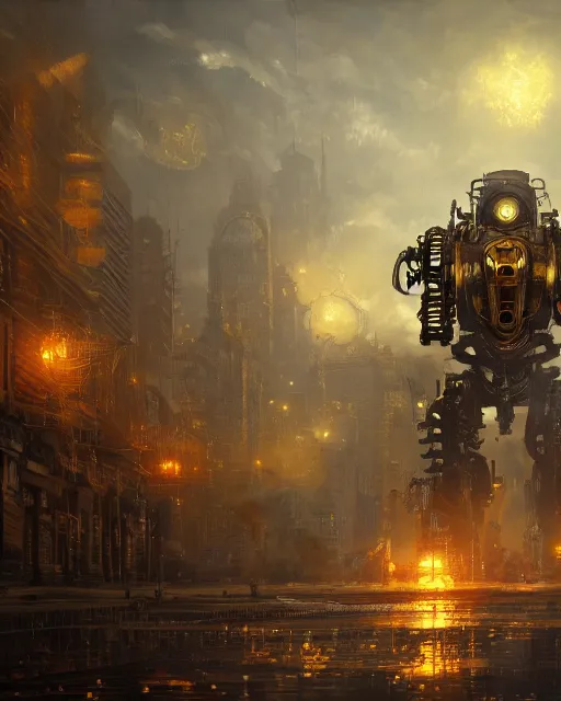 Image similar to oil painting of golden King Kong Steampunk Robot Hybrid attacking city, sharp focus, fantasy style, steampunk city background, octane render, volumetric lighting, 8k high definition, by greg rutkowski, highly detailed, trending on art Station