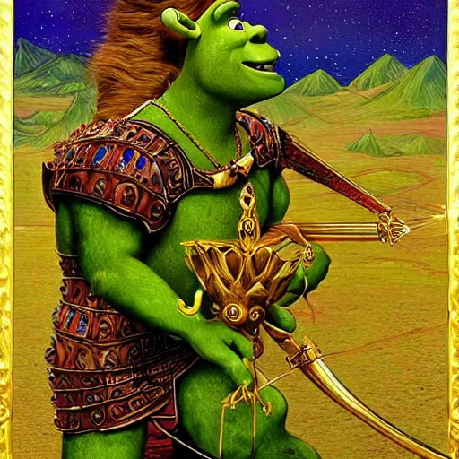 Image similar to shrek from shrek with long lush golden hair attractive muscular stylish knight in shining golden armor with long lush golden hair a strong jaw and attractive green eyes shrek is riding on top of a red dragon, fantasy art, hyper detailed, extremely complex, hyper realistic, similar to the mona lisa, art by leonardo devinci