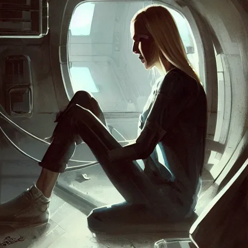 Image similar to concept art by greg rutkowski, a very tall, and slender blonde woman, wearing blue utilitarian jumpsuit, sitting in the spaceship command bridge, brutalist futuristic interior, dark lighting atmosphere, detailed portraits, nostalgic atmosphere, scifi, digital painting, artstation, concept art, smooth, sharp foccus ilustration, artstation hq