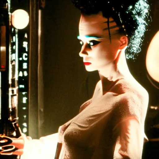 Image similar to cinematic portrait of bride of frankenstein as a replicant in a busy nightclub, frightened and angry, still from the movie ex machina, fashion photography, a neon sign is in the background