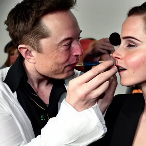 Prompt: elon musk doing makeup to emma watson award winning photography