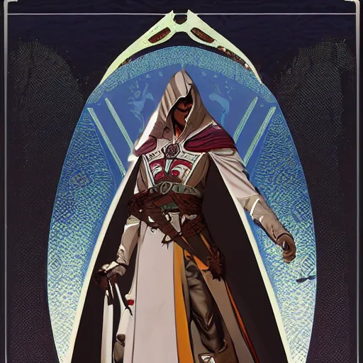 Image similar to an ultra detailed vector image of solare of astora dressed as ezio auditore, concept art by alphonse mucha and greg rutkowski, praise the blood moon, octane render, liminal space