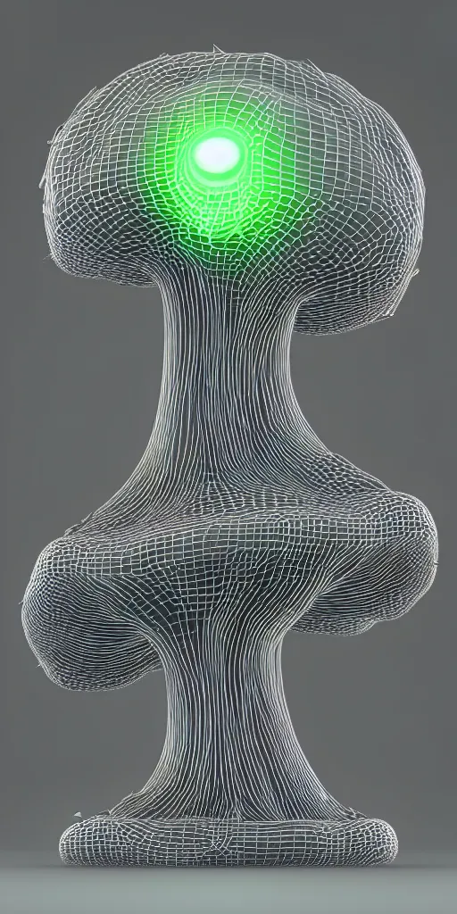 Image similar to 3 d photographic render of a psylo mushroom sculpture made of chrome, neon circles, chrometype, made of liquid metal, neotribal with thorns and thunders, raytracing, hyper realistic, volumetric lightning, 8 k, by zhelong xu and ouchh studio