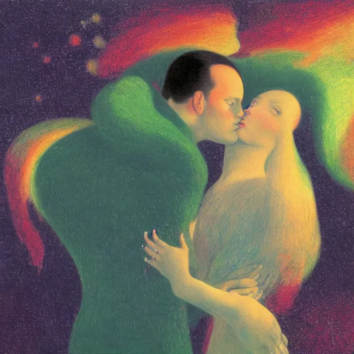 Prompt: close portrait of woman and man kissing. aurora borealis. iridescent, vivid psychedelic colors. painting by fra angelico, agnes pelton, utamaro, monet