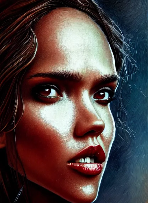 Prompt: close up portrait of jessica alba as a monster in the mountains of hell, oil painting by tomasz jedruszek, cinematic lighting, pen and ink, intricate line, hd, 4 k, million of likes, trending on artstation