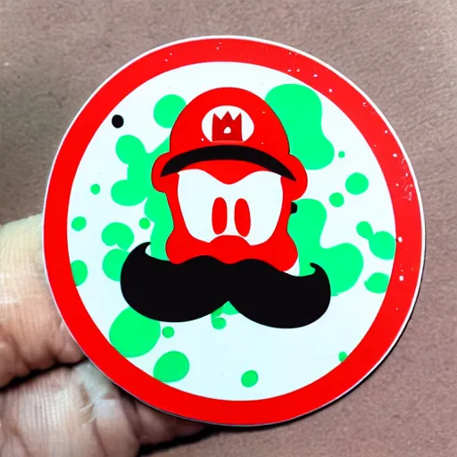 Image similar to die cut sticker, yoshi wearing mario's mustache, splatter paint