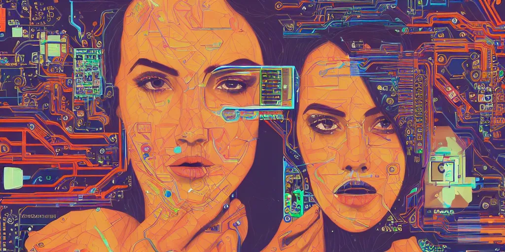 Image similar to portrait of computer & circuits, 8 k, by tristan eaton, trending on deviantart, face enhance, hyper detailed, minimalist, full of colour, super detailed, cinematic