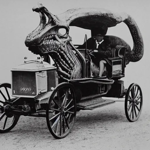 Image similar to dinos driving cars, victorian photo,