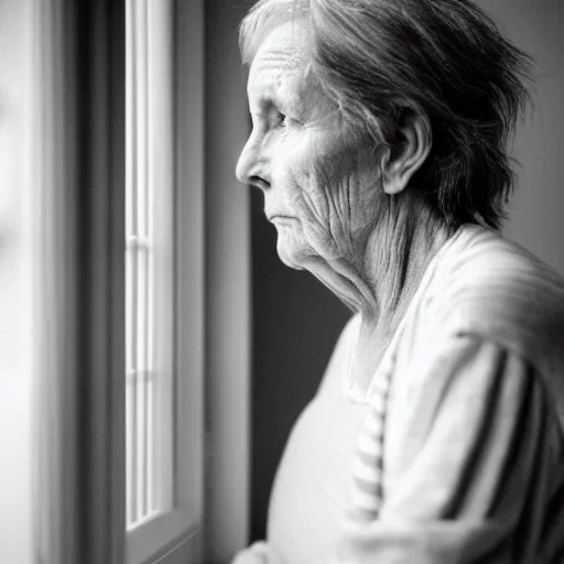 Prompt: black and white photograph portrait of a depressed mature woman standing by the window, natural light, lomo, film grain, soft vignette, sigma 85mm f/1.4 1/10 sec shutter