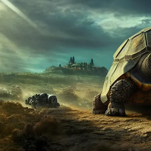 Prompt: tortoise moves across harsh wasteland with sharp rays of sunlight with a large fantasy castle covering the top of the giant tortoise similar to mortal engines or howls moving castle, distant - mid - shot, fantasy, hyper detailed, realistic