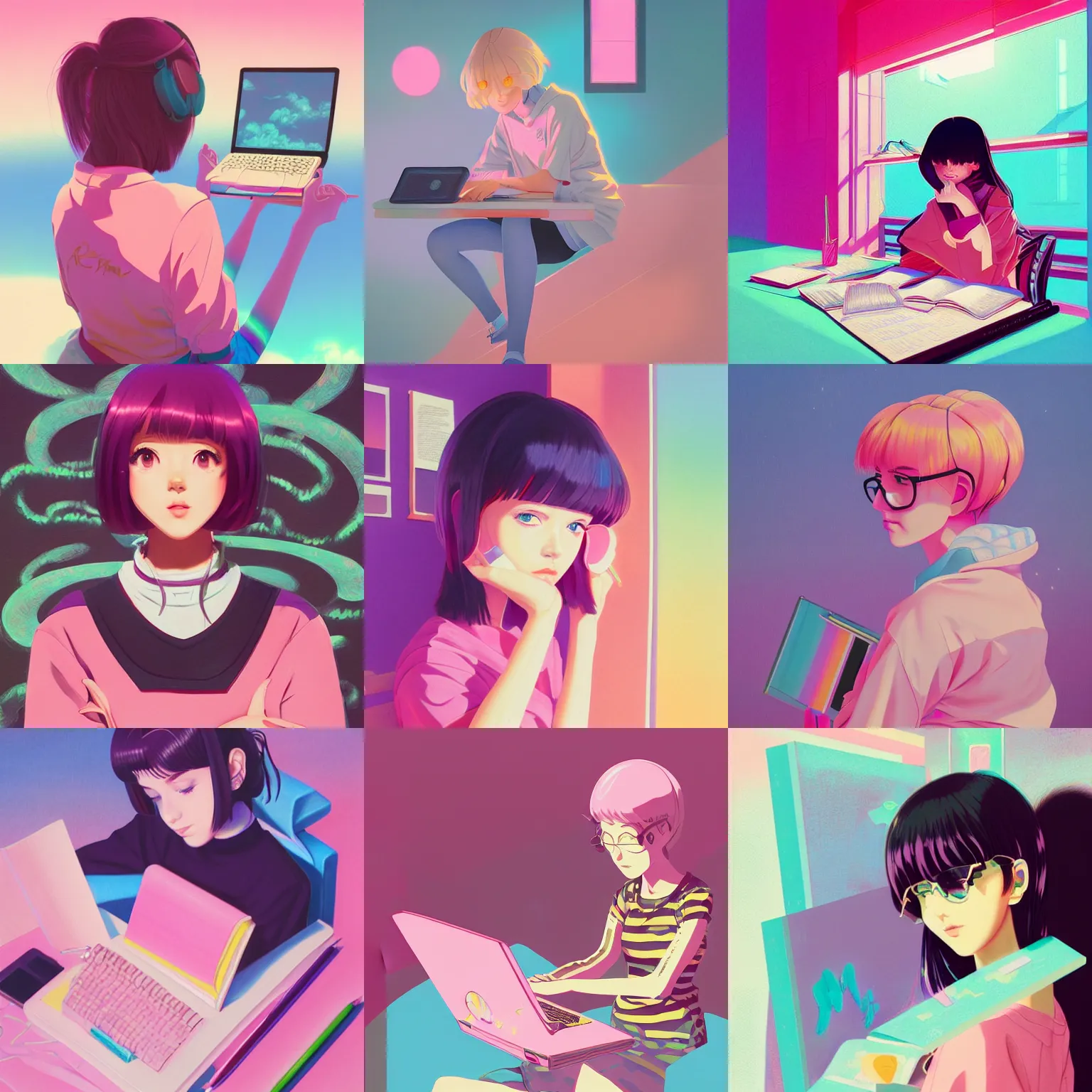 Prompt: retro 9 0 s lofi girl aesthetic, girl studying, pastel, vaporwave colors, anime, hyperrealistic painting, by stanley twardowicz, ilya kuvshinov, rossdraws