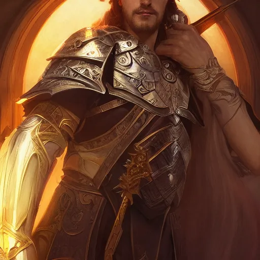 Prompt: male paladin oath of glory, d & d, fantasy, intricate and very beautiful and highly detailed, elegant, digital painting, artstation, concept art, matte, smooth and sharp focus, illustration, art by tian zi and wlop and alsphonse mucha and artgerm and greg rutkowski
