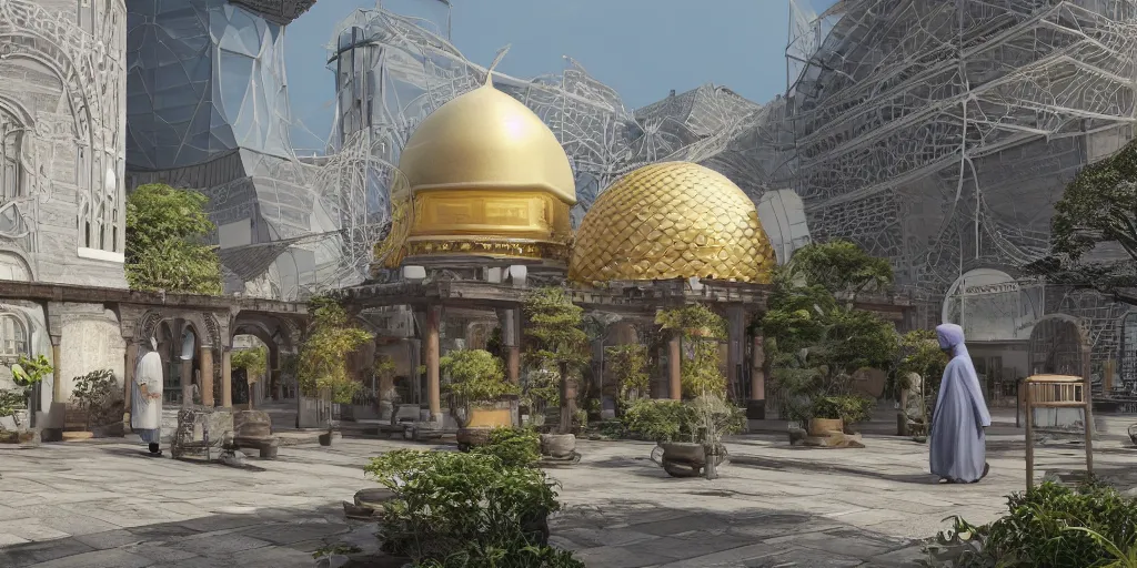 Image similar to Photorealistic solarpunk mosque in Tokyo, with great domes and arches, harmony with nature, people and androids wearing traditional japanese clothing. Hyperdetailed photorealism, UHD, amazing depth, glowing rich colors, golden ration, 3D octane cycle unreal engine 5, 3d shading, cinematic lighting, artstation concept art