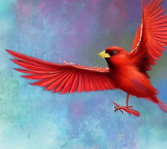 Prompt: a red bird gliding through a forest, large wingspan, 2 wings, over the shoulder shot. Vibrant colors. By Makoto Shinkai, Stanley Artgerm Lau, WLOP, Rossdraws, James Jean, Andrei Riabovitchev, Marc Simonetti, krenz cushart, Sakimichan, trending on ArtStation, digital art.