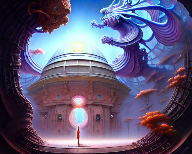 Image similar to street view the grand observatory, fantasy landscape made of fractals facing each other, ultra realistic, wide angle, intricate details, the fifth element artifacts, highly detailed by peter mohrbacher, hajime sorayama, wayne barlowe, boris vallejo, aaron horkey, gaston bussiere, craig mullins