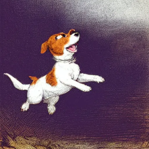 Prompt: portrait of a happy jack russel terrier jumping, closeup, illustrated by peggy fortnum and beatrix potter and sir john tenniel