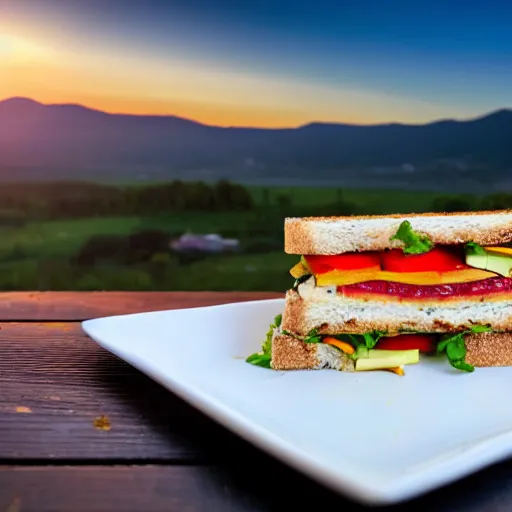 Image similar to sandwich with roasted tofu, also tomato, onion, avocado and cheddar, over a dish and over a table, sunset background with saturn in the sky, studio photo, amazing light