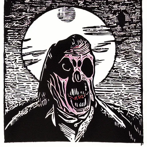 Image similar to 3 colour lino cut print of grimace slaying Dracula