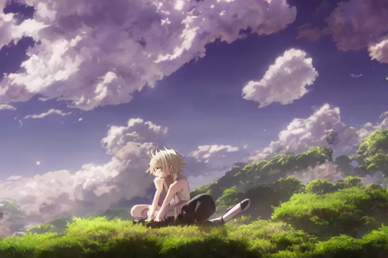 Image similar to a vast scene, panorama distant view, anime art full body portrait character concept art, hyper detailed scene render of a boy and white lion, anime key visual of violet evergarden, finely detailed perfect face delicate features directed gaze, in the white clouds fairyland, trending on pixiv fanbox, violet evergarden, studio ghibli, james jean, extremely high quality artwork