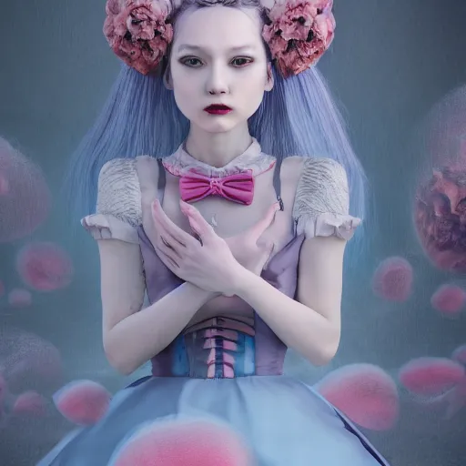 Prompt: 8 k, octane render, realism, tonalism, renaissance, rococo, baroque, cotton candy, portrait of a creepy young lady wearing long - harajuku manga - dress with flowers and skulls