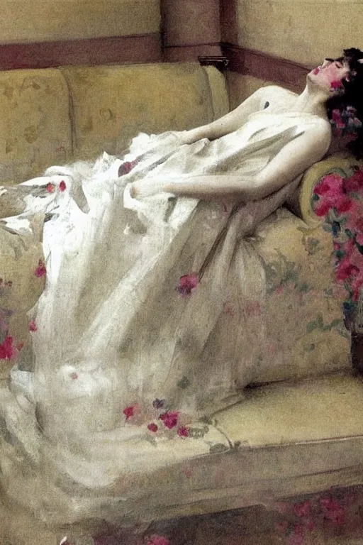 Image similar to european woman in a gown laying on couch, bloom flowers, modern, eclectic, illustration, by ramon casas