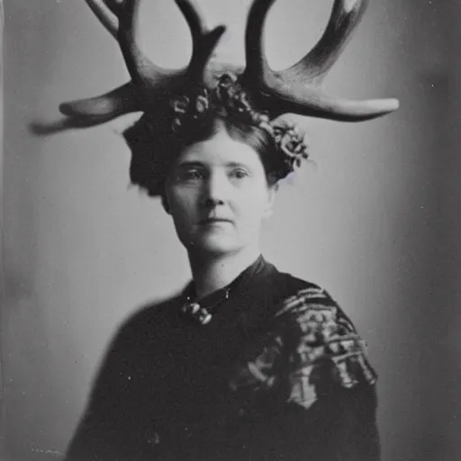 Prompt: portrait of a 19th century woman with antlers on her head, 1900s photography